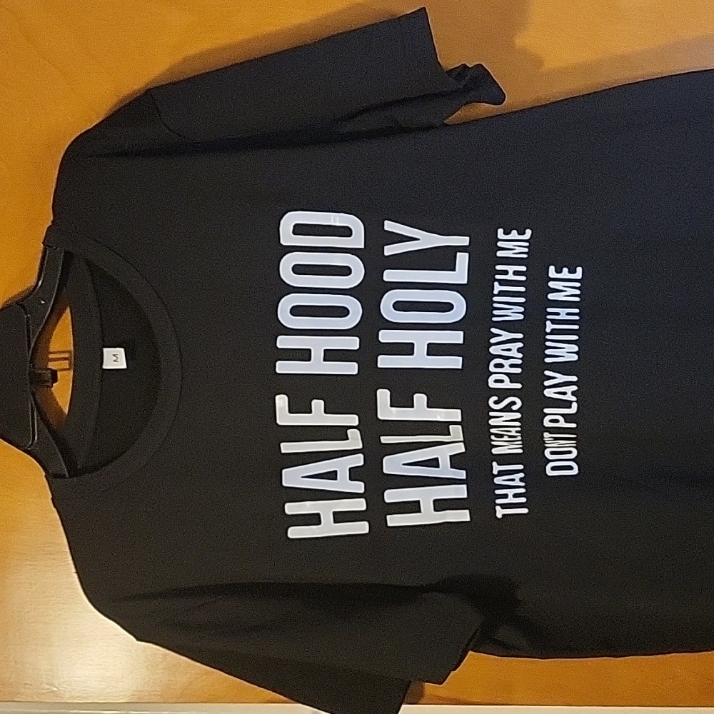 Womens Black / White "Half Hood, Half Holy" Short Sleeve T-shirt - Picture 2 of 5